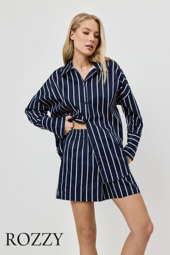 Пижама хлопковая с шортами Aruelle Lumen Set темно-синий/белый